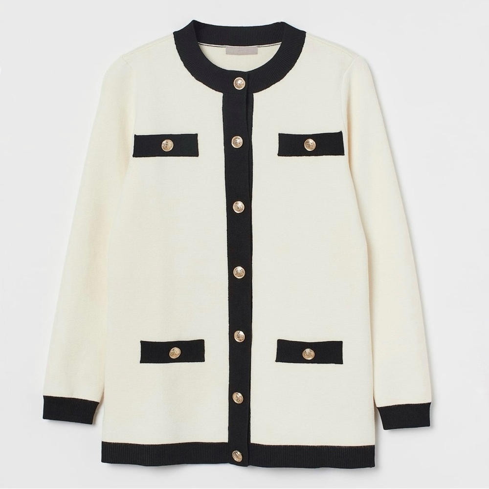 H&M Cream and Black Cardigan Gold Accent Button MEDIUM